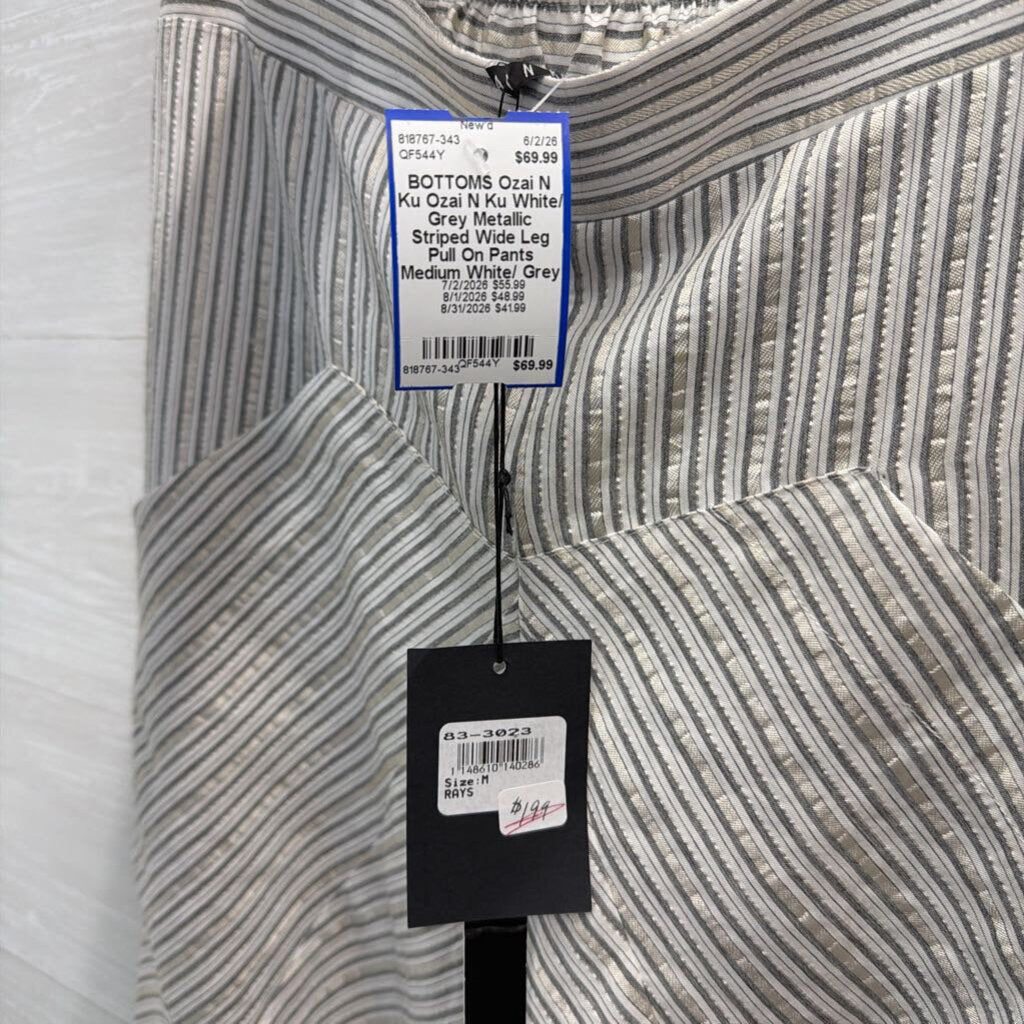 Ozai N Ku White/ Grey Metallic Striped Wide Leg Pull On Pants Medium