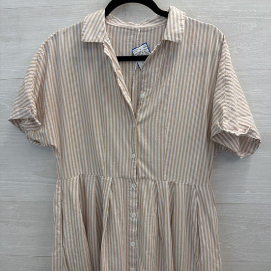 White/ Brown Striped Short Sleeve Button Front Midi Dress Extra Small