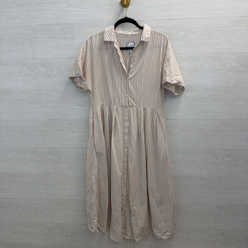 White/ Brown Striped Short Sleeve Button Front Midi Dress Extra Small