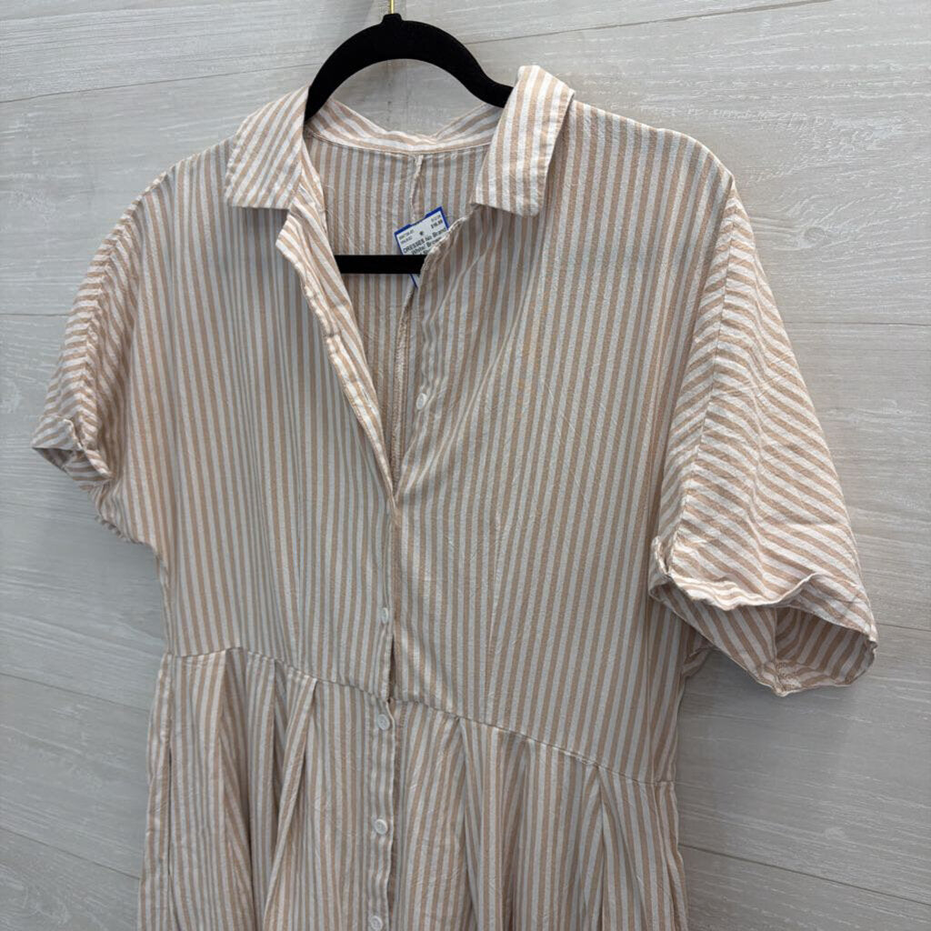 White/ Brown Striped Short Sleeve Button Front Midi Dress Extra Small