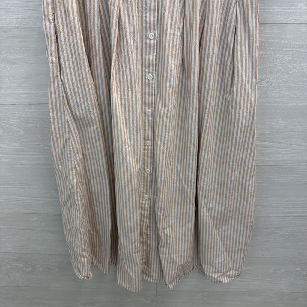 White/ Brown Striped Short Sleeve Button Front Midi Dress Extra Small