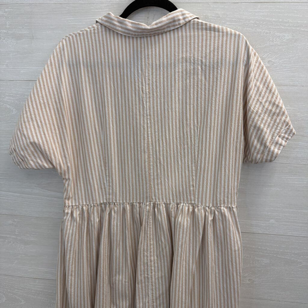 White/ Brown Striped Short Sleeve Button Front Midi Dress Extra Small