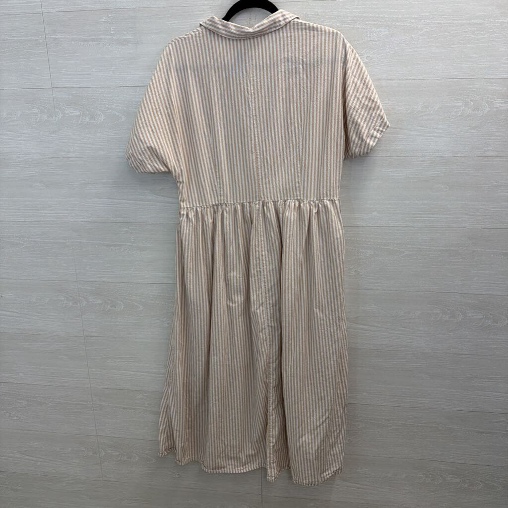 White/ Brown Striped Short Sleeve Button Front Midi Dress Extra Small