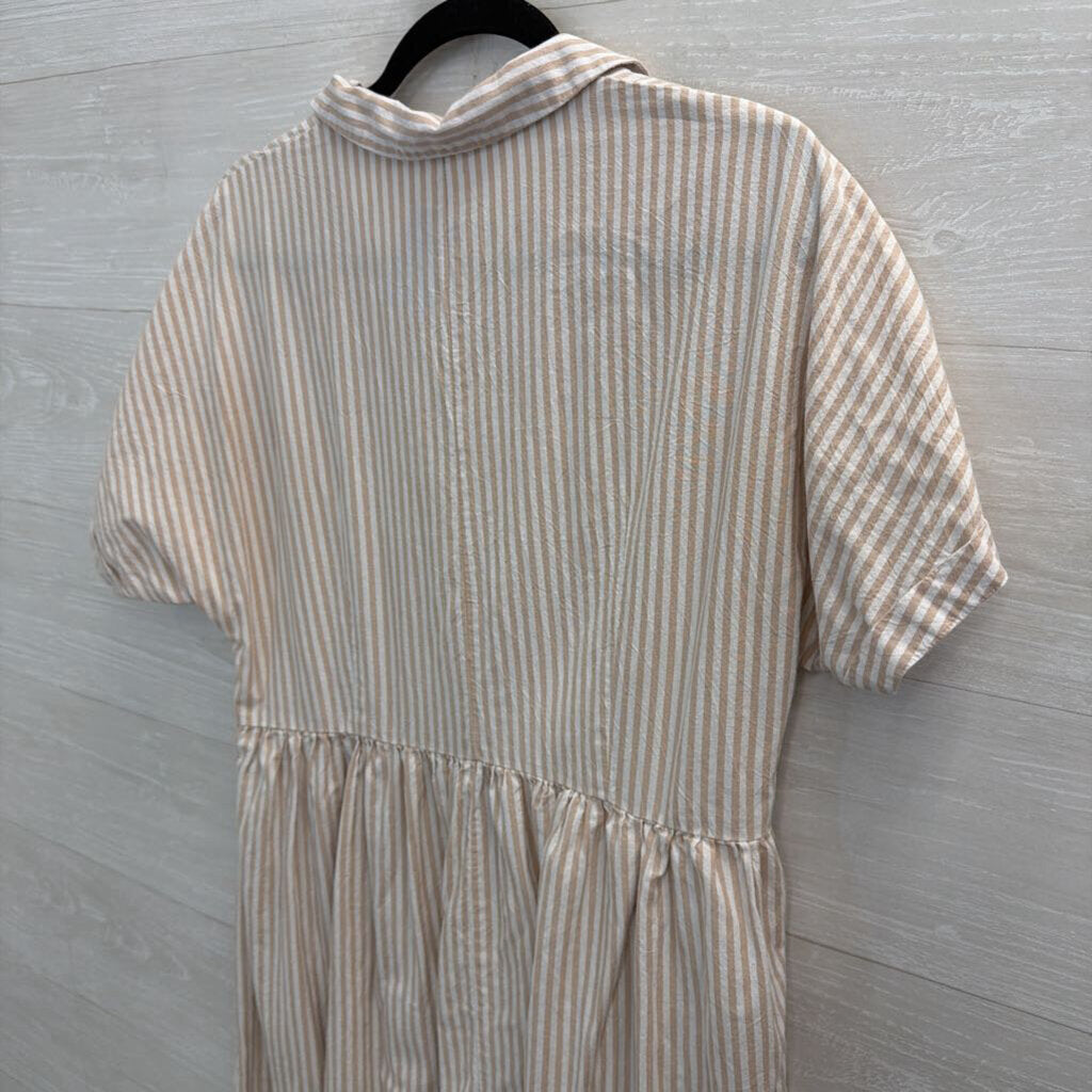 White/ Brown Striped Short Sleeve Button Front Midi Dress Extra Small
