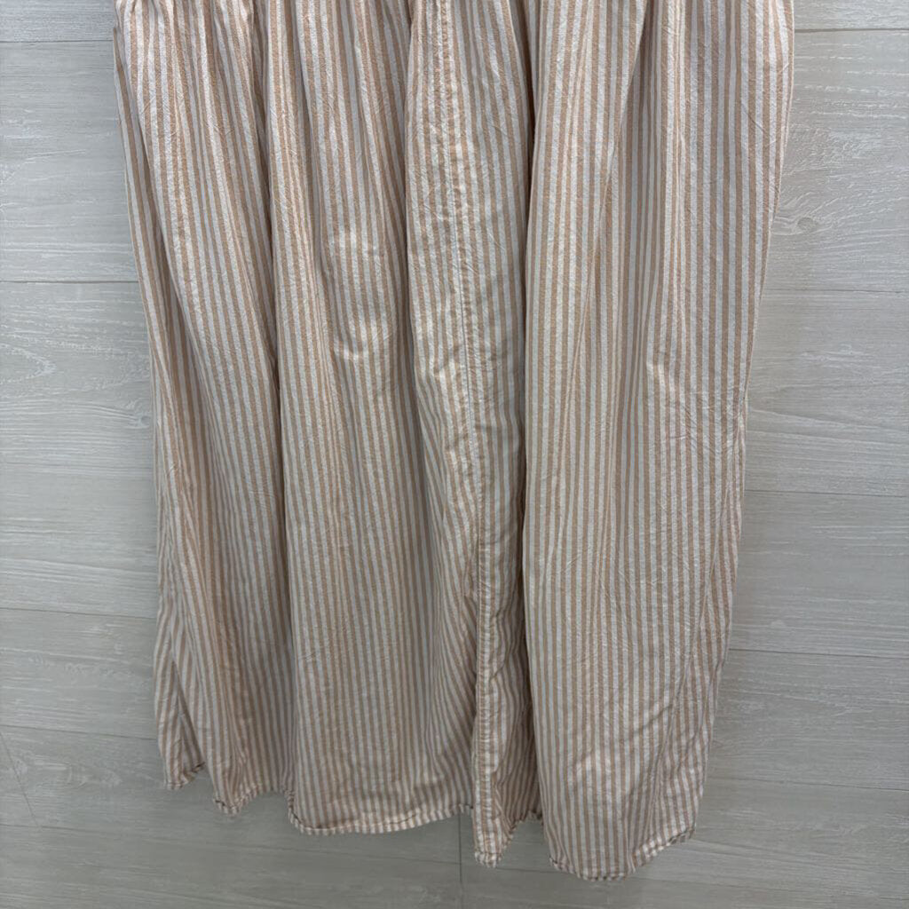 White/ Brown Striped Short Sleeve Button Front Midi Dress Extra Small