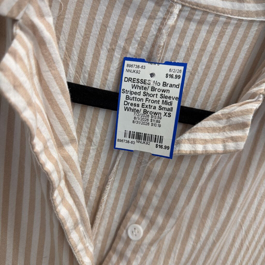 White/ Brown Striped Short Sleeve Button Front Midi Dress Extra Small