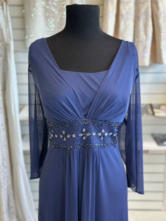 David's Bridal Blue Long Sleeve Beaded Waist Long Formal Dress 18W
