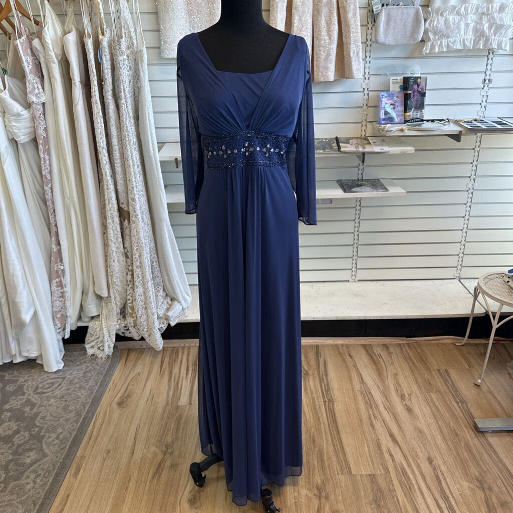 David's Bridal Blue Long Sleeve Beaded Waist Long Formal Dress 18W