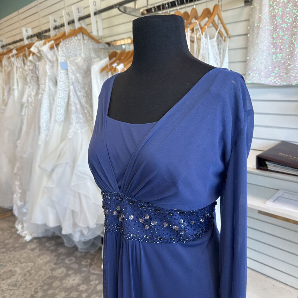David's Bridal Blue Long Sleeve Beaded Waist Long Formal Dress 18W