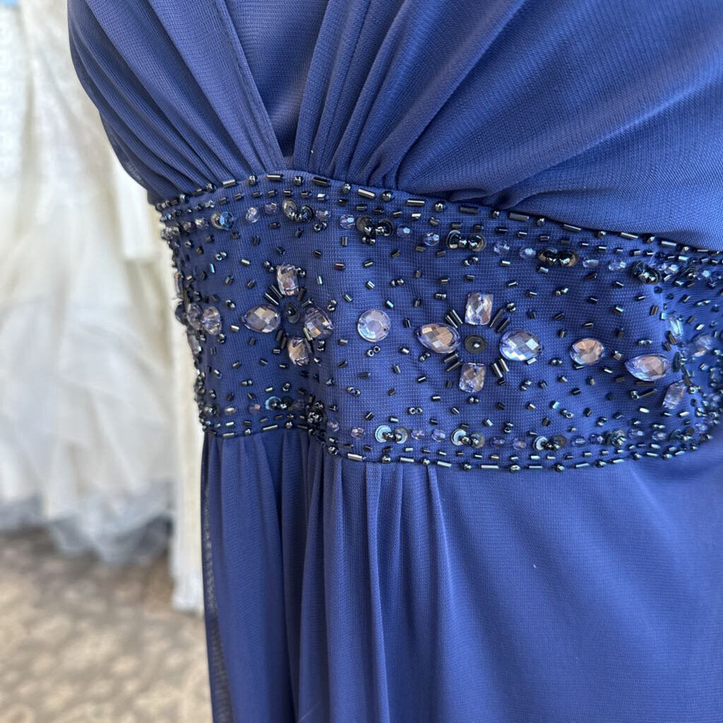 David's Bridal Blue Long Sleeve Beaded Waist Long Formal Dress 18W