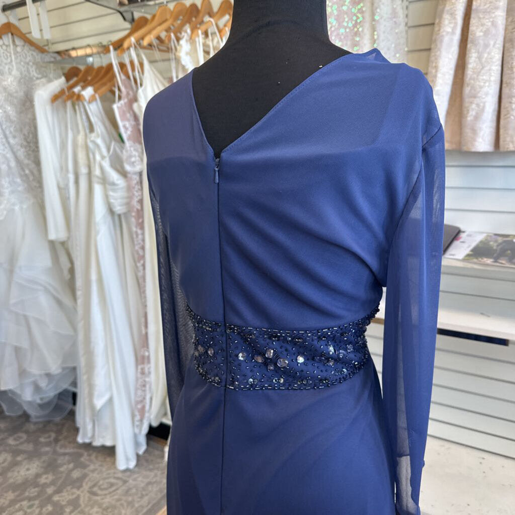 David's Bridal Blue Long Sleeve Beaded Waist Long Formal Dress 18W