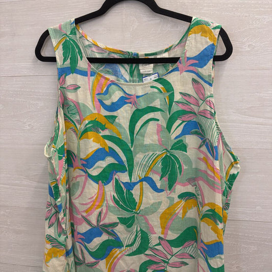C and C California White/ Multi Print 100% Linen Sleeveless Shift Dress 2X