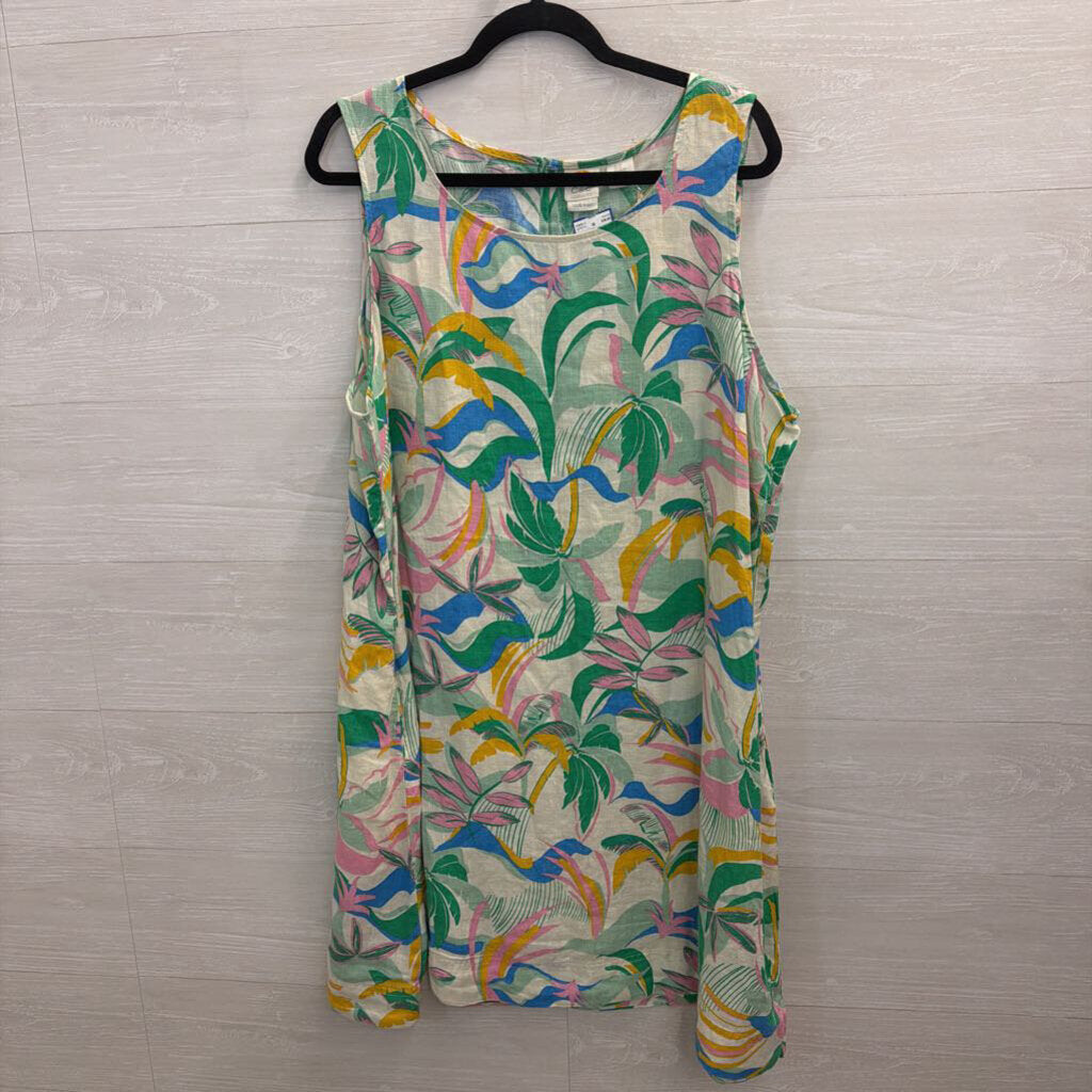 C and C California White/ Multi Print 100% Linen Sleeveless Shift Dress 2X