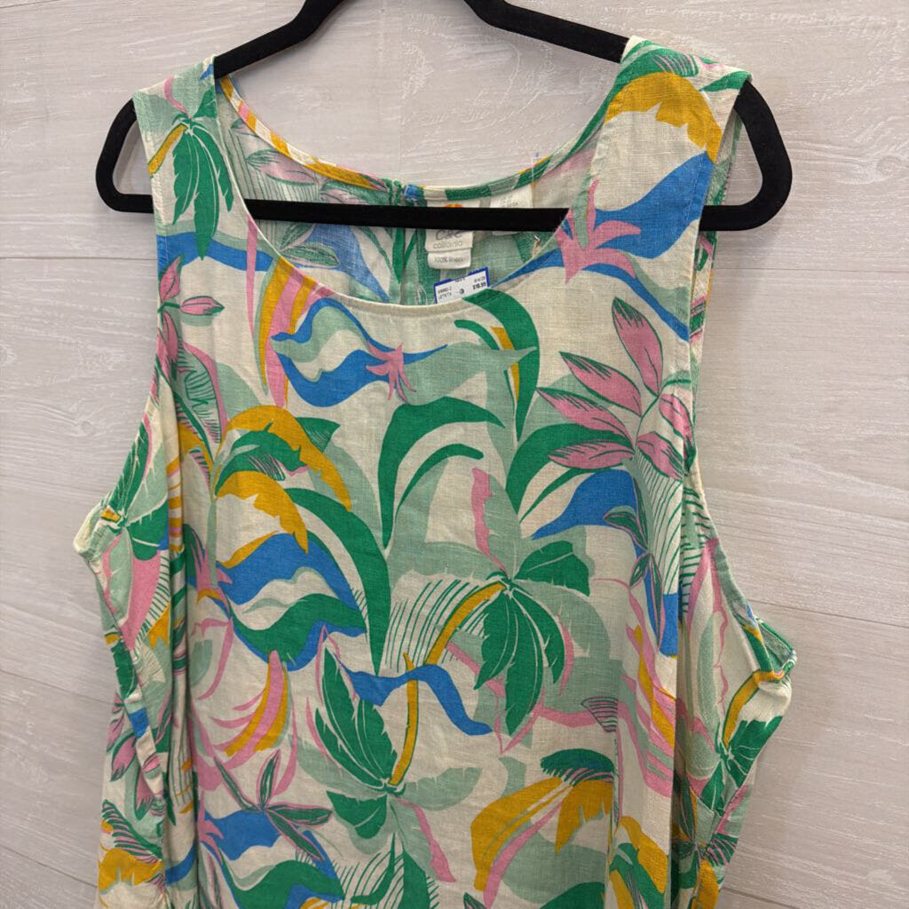 C and C California White/ Multi Print 100% Linen Sleeveless Shift Dress 2X