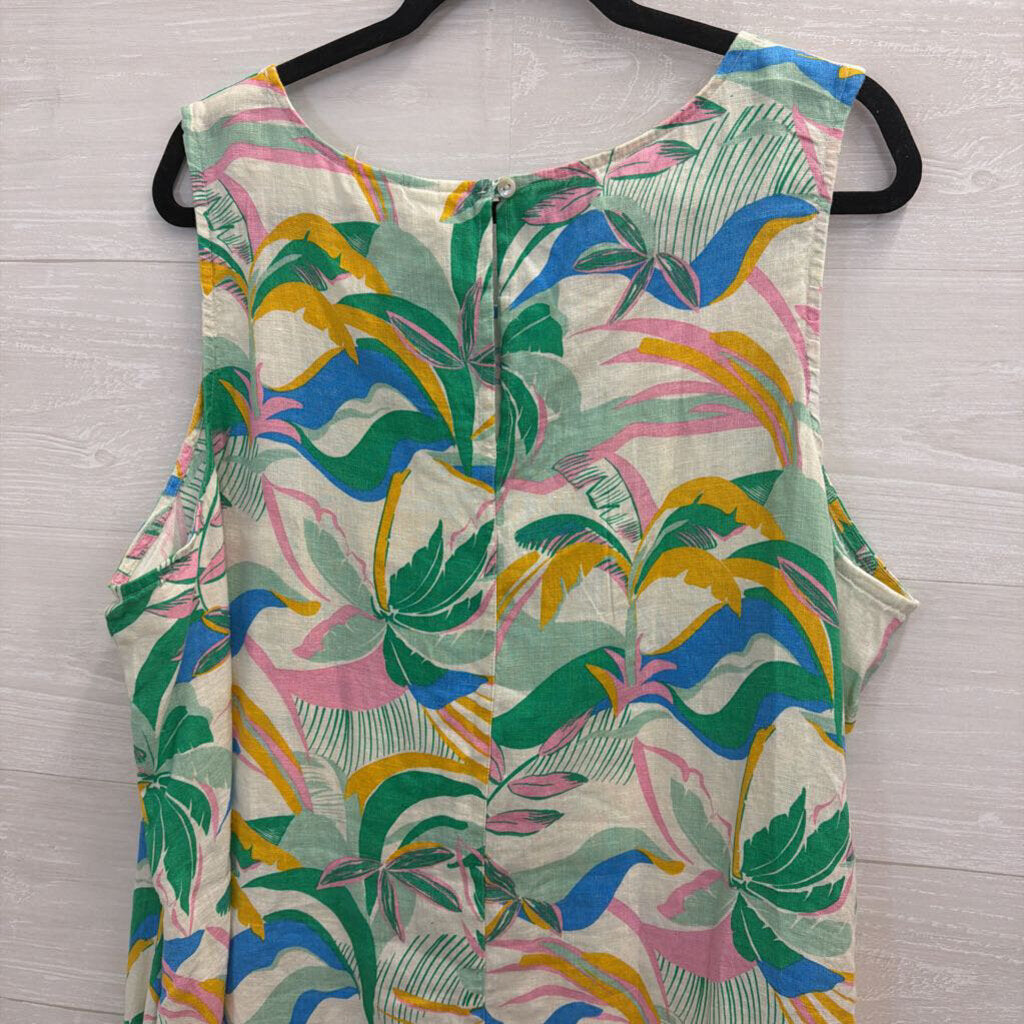 C and C California White/ Multi Print 100% Linen Sleeveless Shift Dress 2X