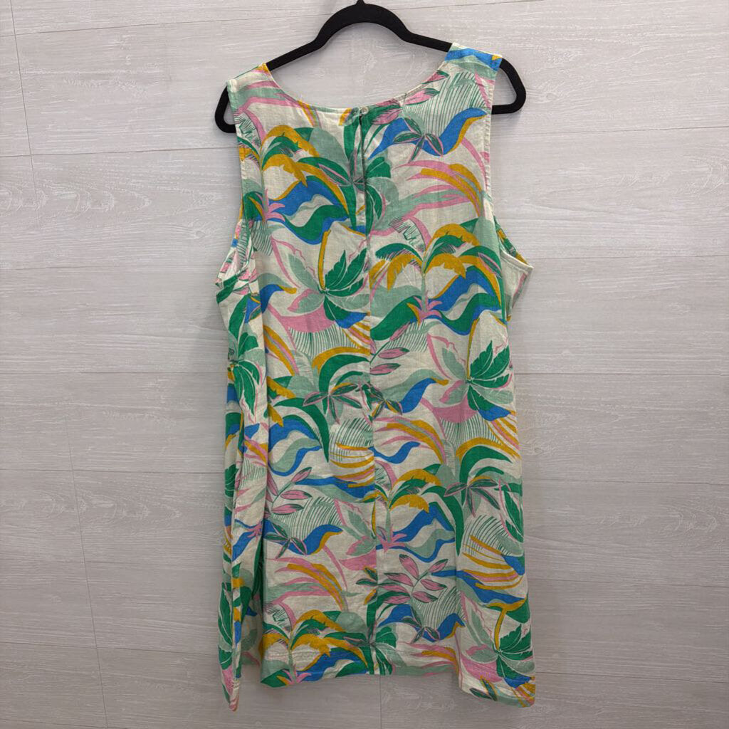 C and C California White/ Multi Print 100% Linen Sleeveless Shift Dress 2X