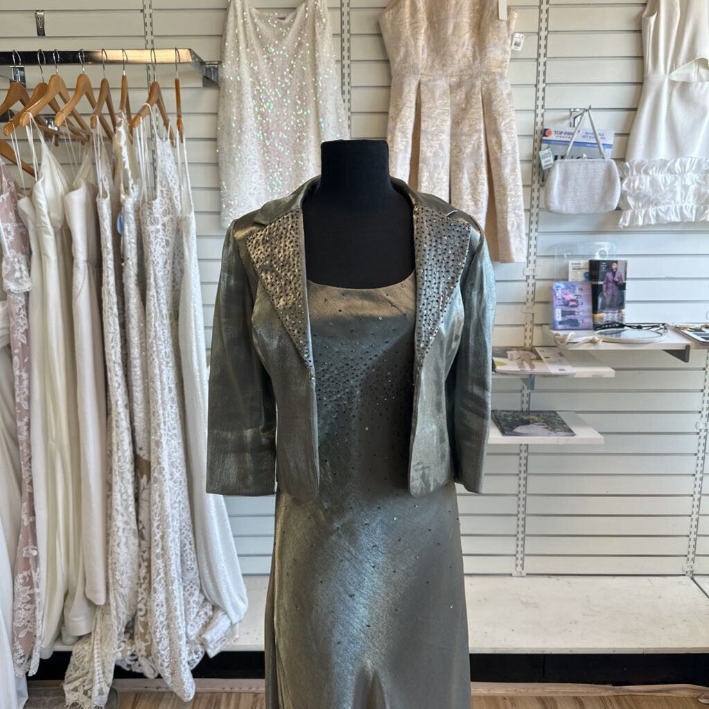Alex Evenings Green Sheen Beaded Detail Long Formal Dress With Jacket 8