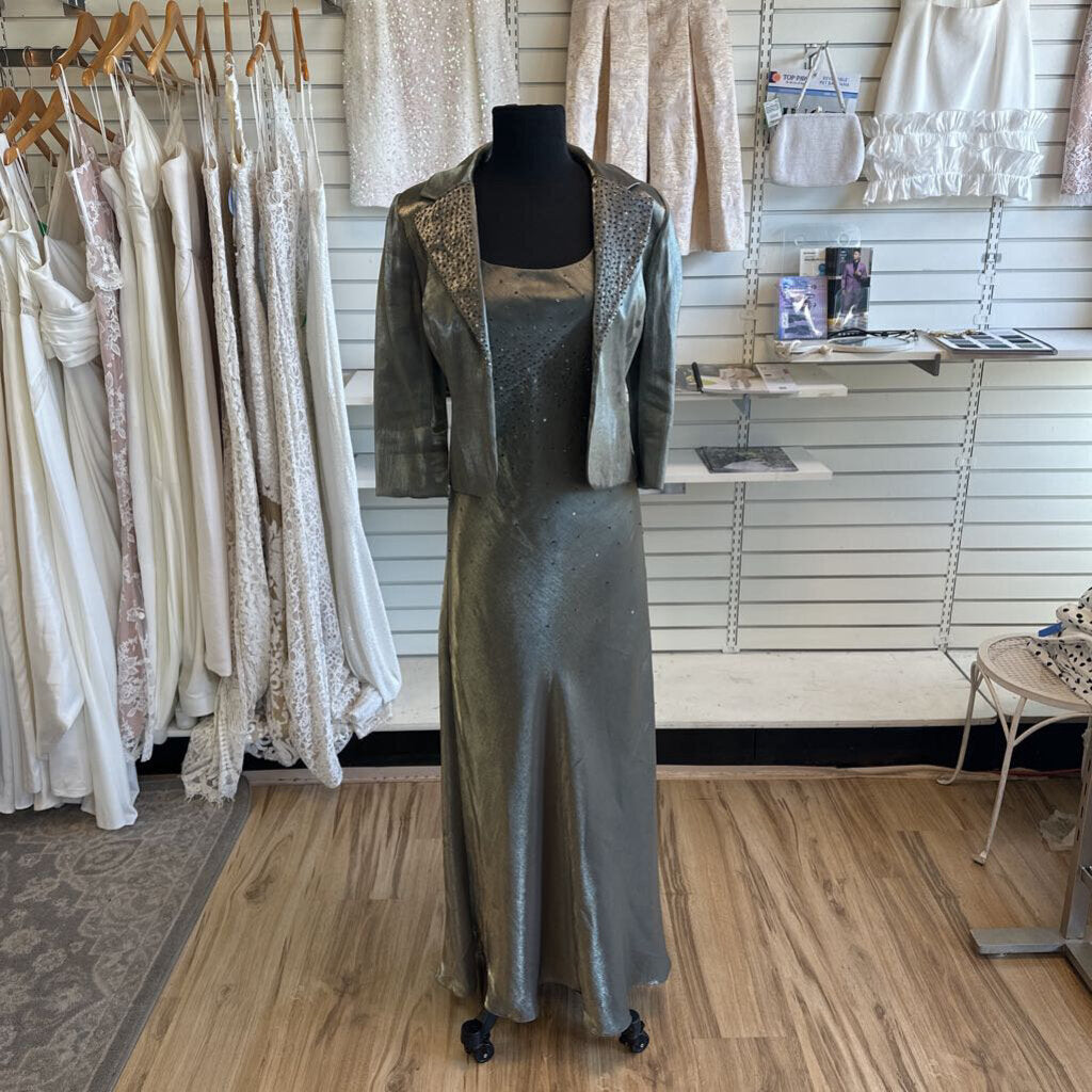 Alex Evenings Green Sheen Beaded Detail Long Formal Dress With Jacket 8