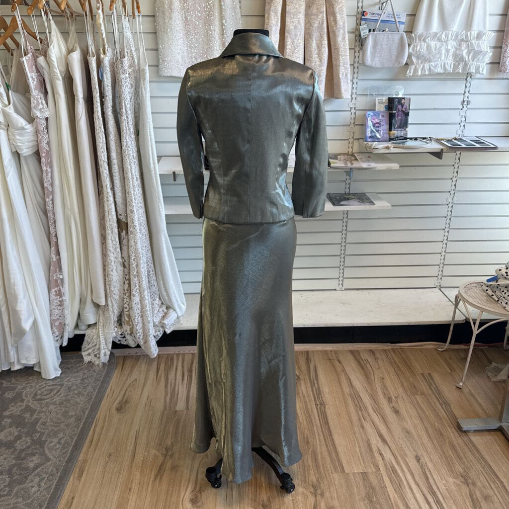 Alex Evenings Green Sheen Beaded Detail Long Formal Dress With Jacket 8