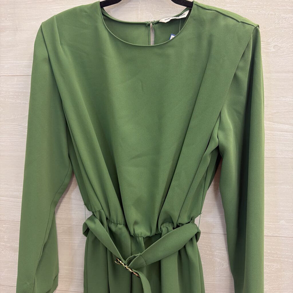 Amanda Uprichard Green Silky Long Sleeve Belted Romper Large Large