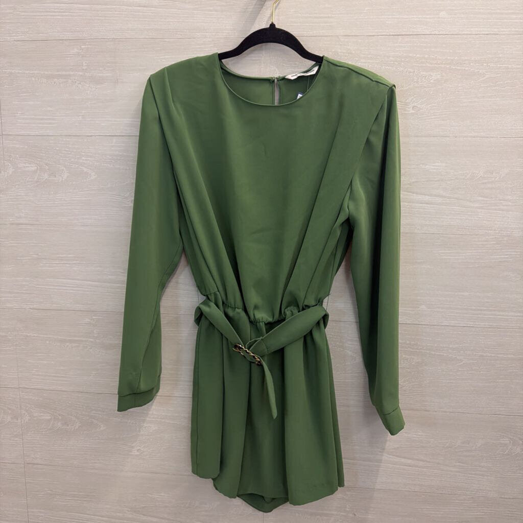 Amanda Uprichard Green Silky Long Sleeve Belted Romper Large Large