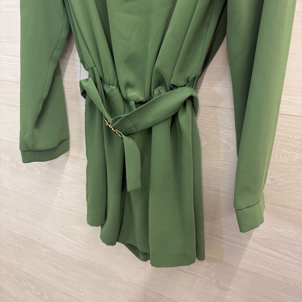 Amanda Uprichard Green Silky Long Sleeve Belted Romper Large Large