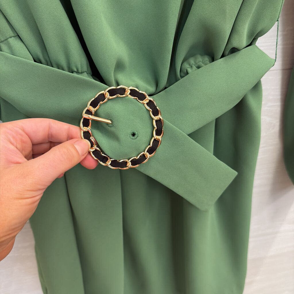 Amanda Uprichard Green Silky Long Sleeve Belted Romper Large Large