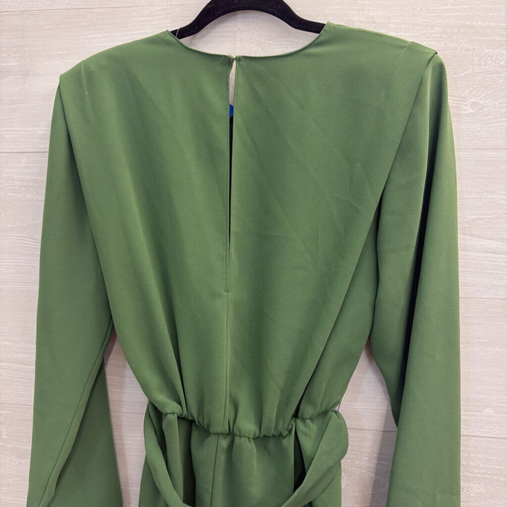 Amanda Uprichard Green Silky Long Sleeve Belted Romper Large Large