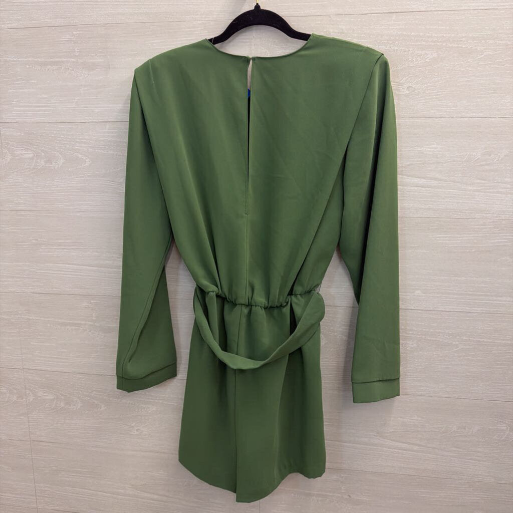 Amanda Uprichard Green Silky Long Sleeve Belted Romper Large Large
