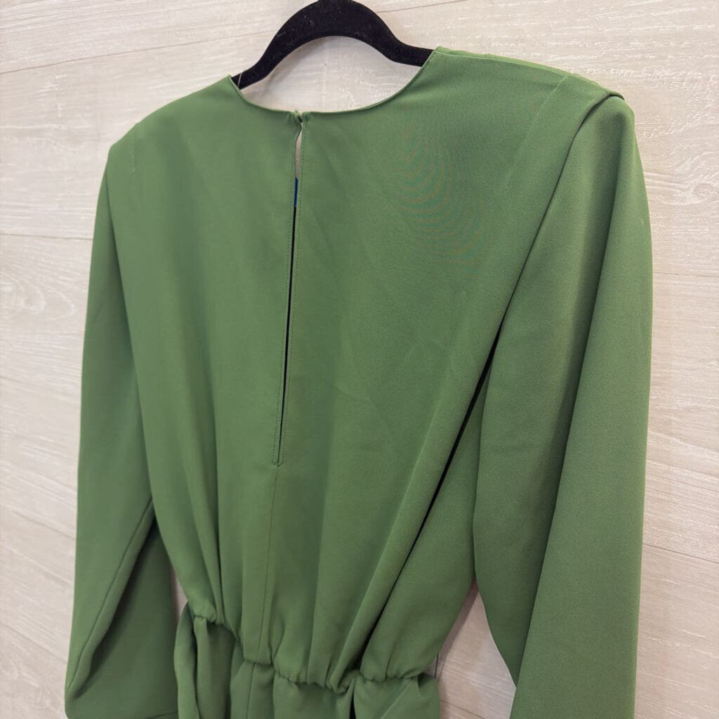 Amanda Uprichard Green Silky Long Sleeve Belted Romper Large Large