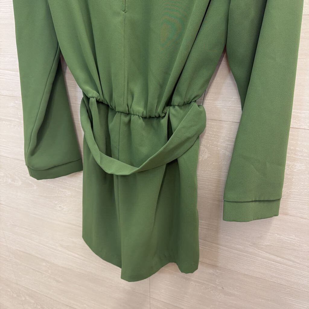 Amanda Uprichard Green Silky Long Sleeve Belted Romper Large Large