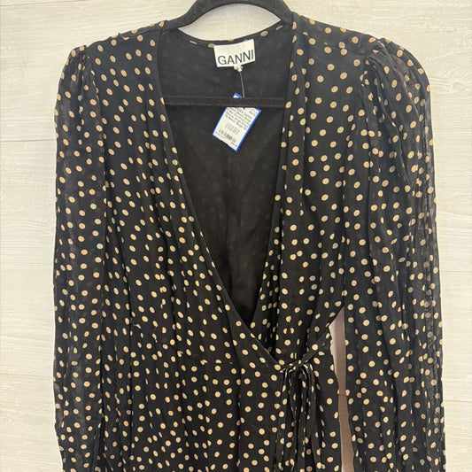 Ganni Black/ Beige Polka Dot Print Long Sleeve Wrap Dress 38
