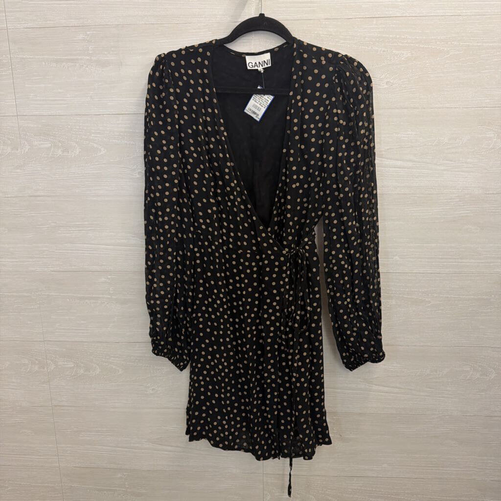 Ganni Black/ Beige Polka Dot Print Long Sleeve Wrap Dress 38