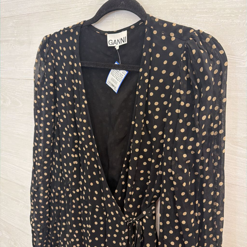 Ganni Black/ Beige Polka Dot Print Long Sleeve Wrap Dress 38