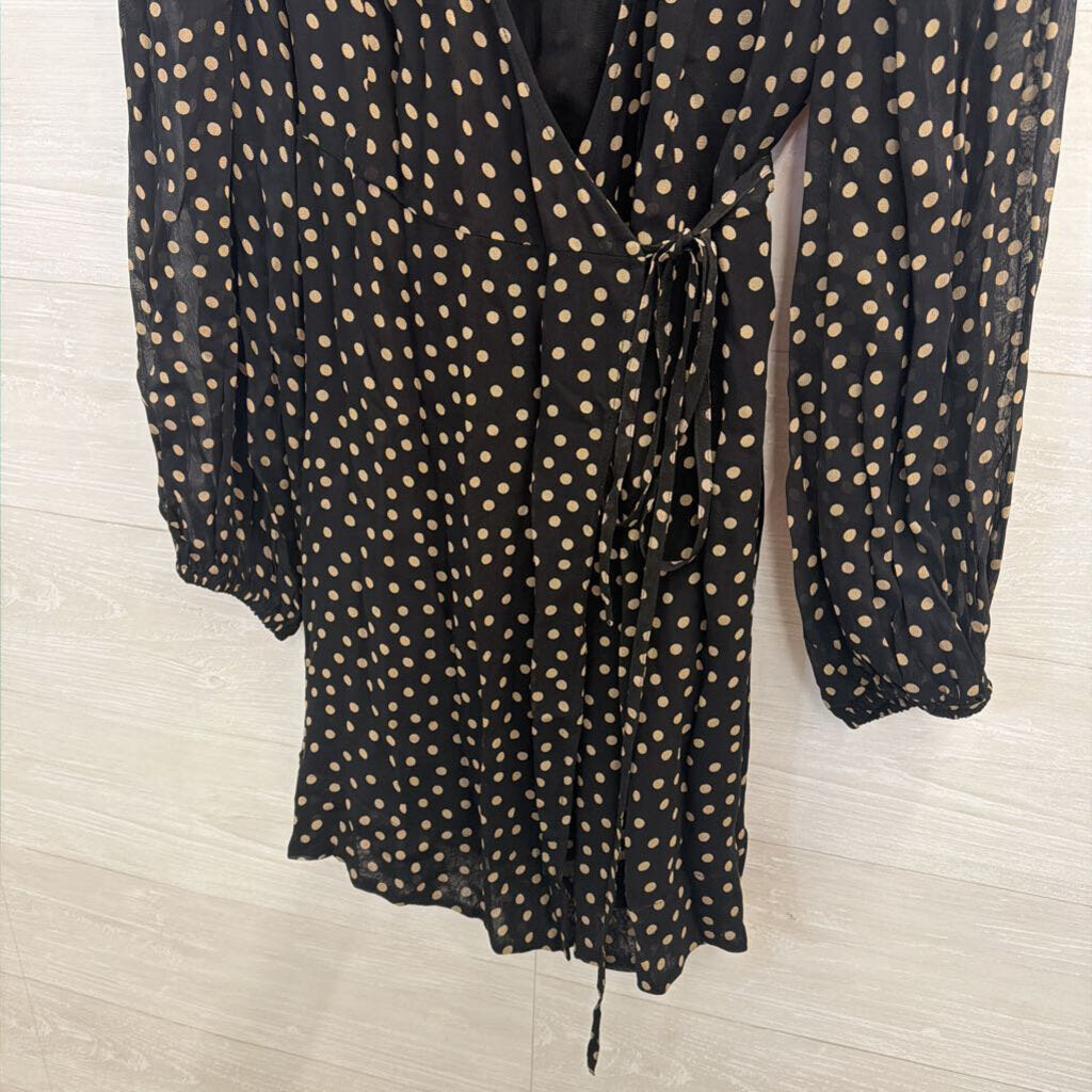 Ganni Black/ Beige Polka Dot Print Long Sleeve Wrap Dress 38