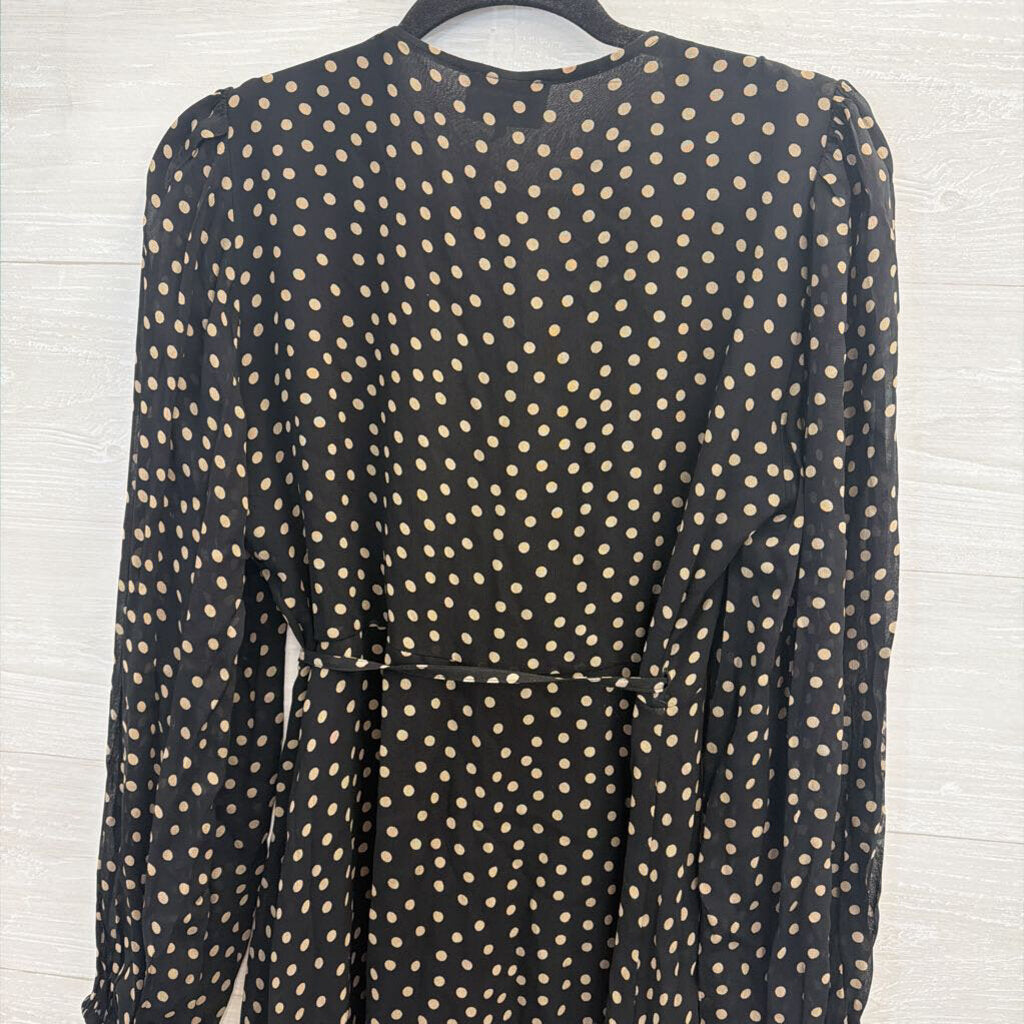 Ganni Black/ Beige Polka Dot Print Long Sleeve Wrap Dress 38