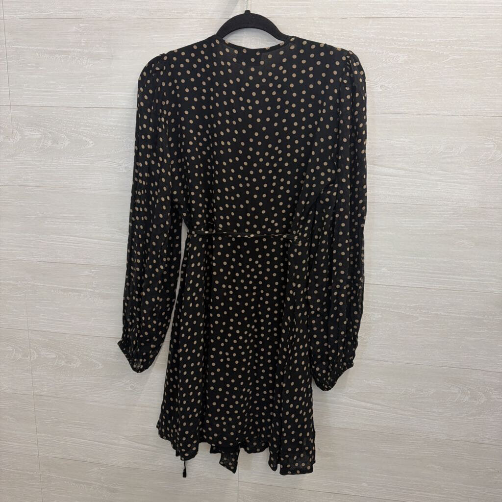 Ganni Black/ Beige Polka Dot Print Long Sleeve Wrap Dress 38