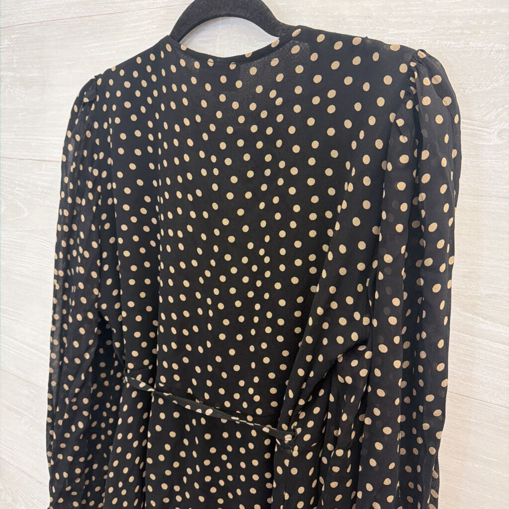 Ganni Black/ Beige Polka Dot Print Long Sleeve Wrap Dress 38