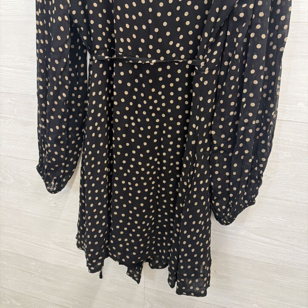 Ganni Black/ Beige Polka Dot Print Long Sleeve Wrap Dress 38