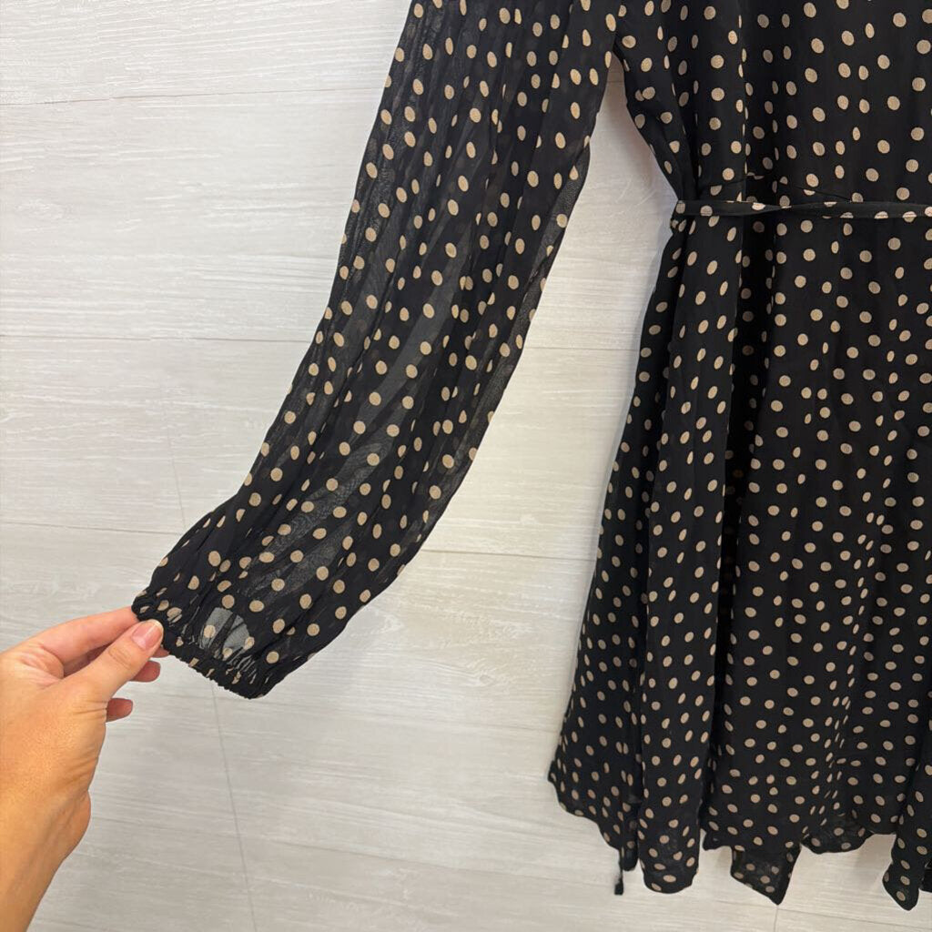 Ganni Black/ Beige Polka Dot Print Long Sleeve Wrap Dress 38