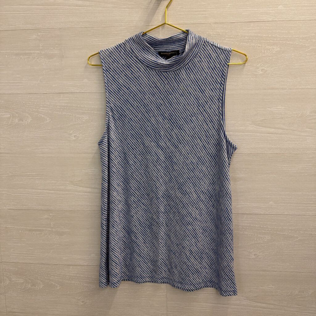 Banana Republic Blue/ White Striped Mock Neck Sleeveless Top Large