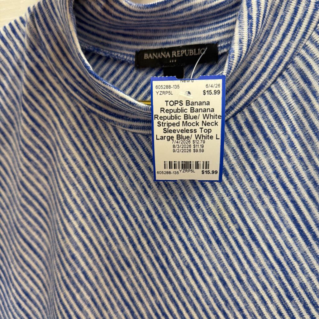 Banana Republic Blue/ White Striped Mock Neck Sleeveless Top Large
