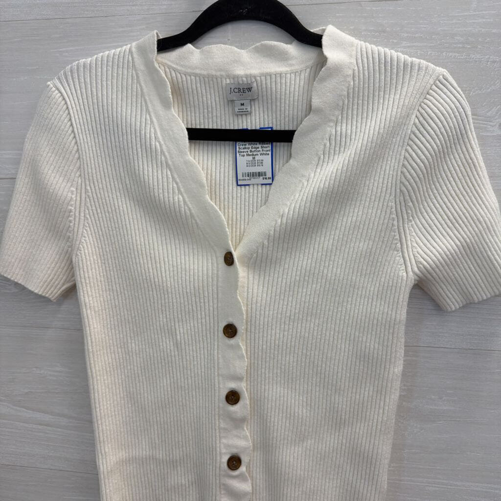 J Crew White Ribbed Scallop Edge Short Sleeve Button Front Top Medium