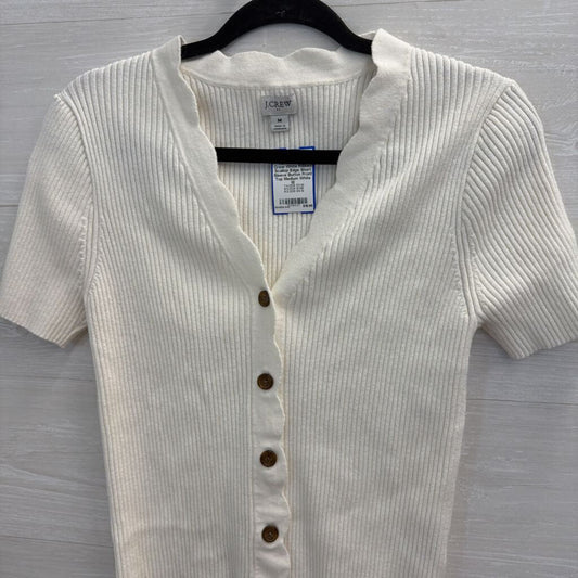 J Crew White Ribbed Scallop Edge Short Sleeve Button Front Top Medium