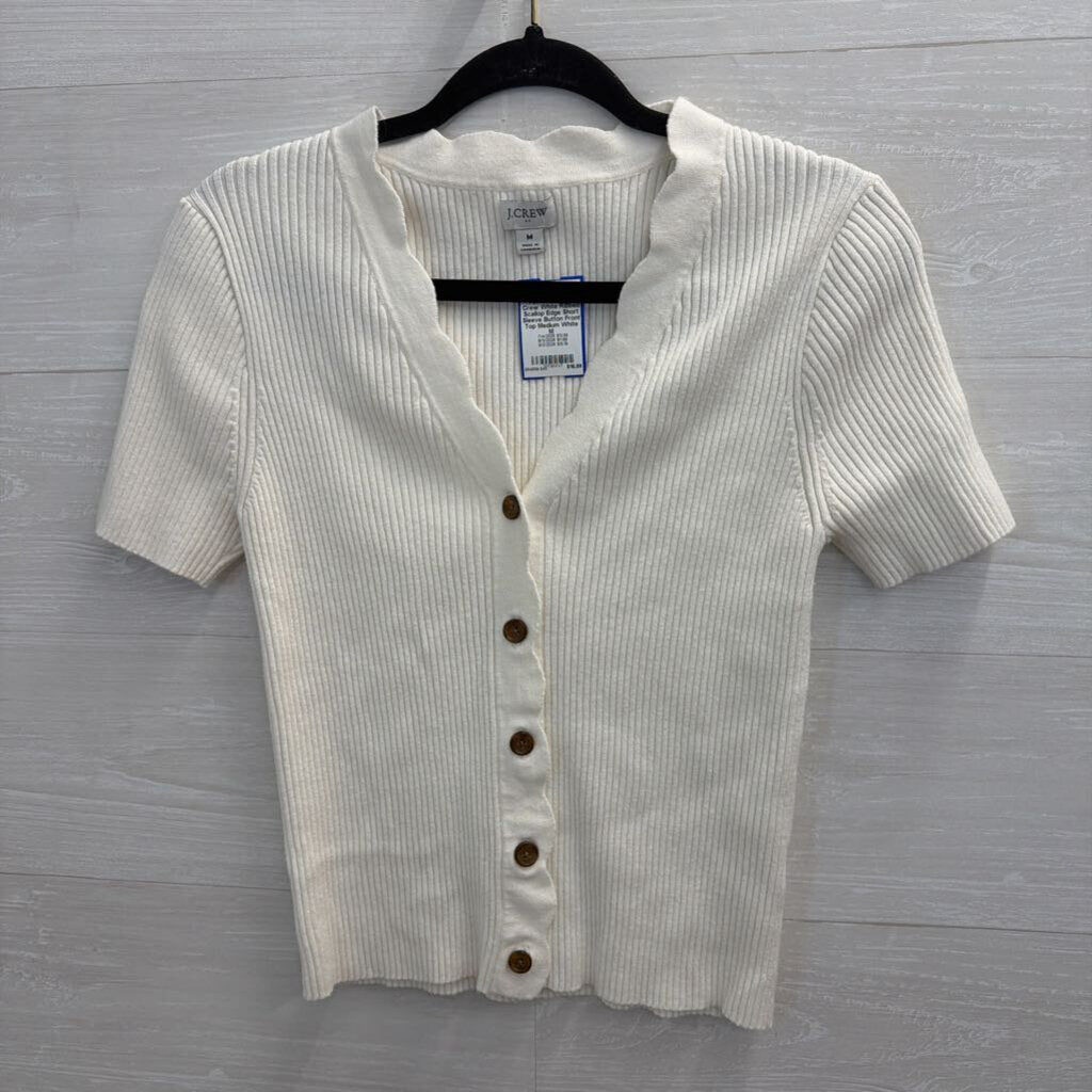 J Crew White Ribbed Scallop Edge Short Sleeve Button Front Top Medium