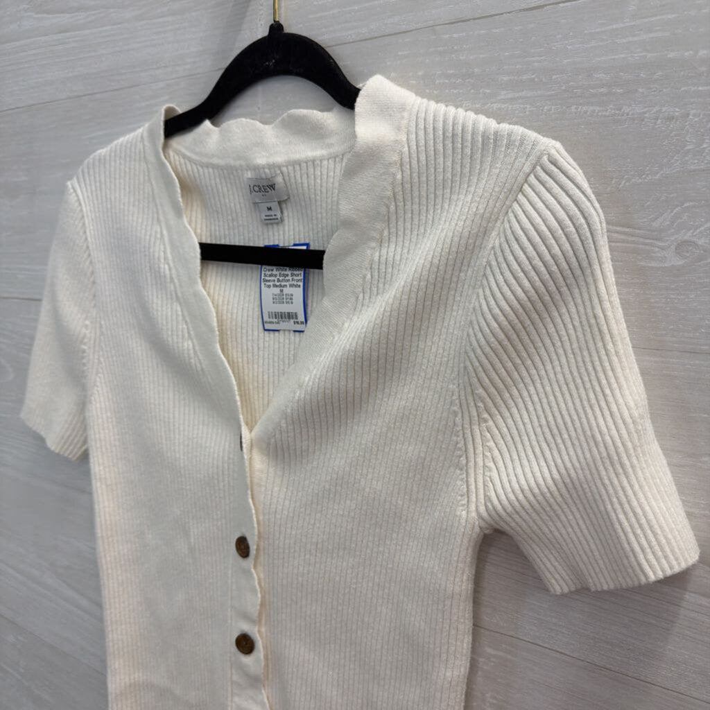 J Crew White Ribbed Scallop Edge Short Sleeve Button Front Top Medium