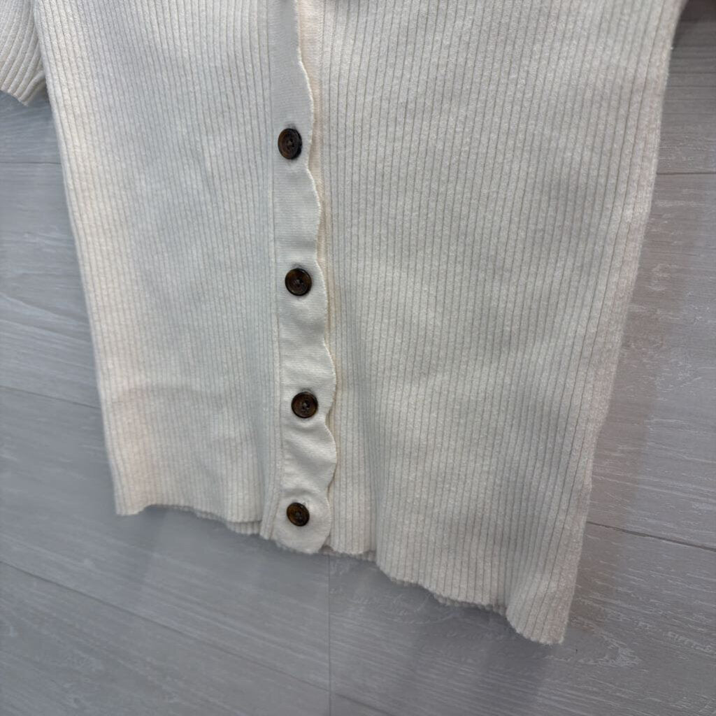 J Crew White Ribbed Scallop Edge Short Sleeve Button Front Top Medium