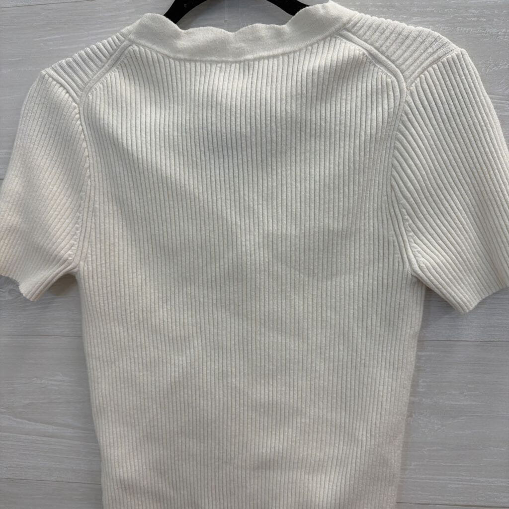 J Crew White Ribbed Scallop Edge Short Sleeve Button Front Top Medium