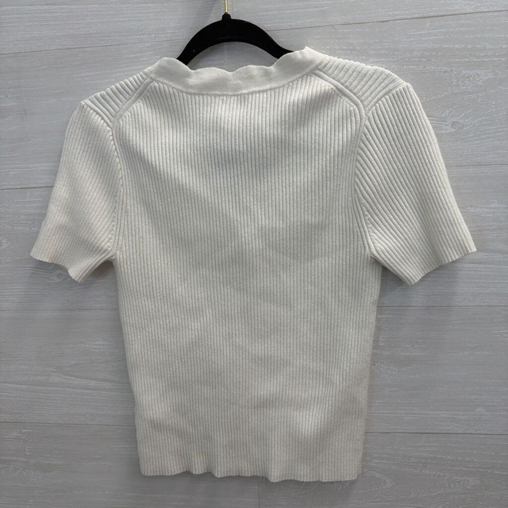 J Crew White Ribbed Scallop Edge Short Sleeve Button Front Top Medium