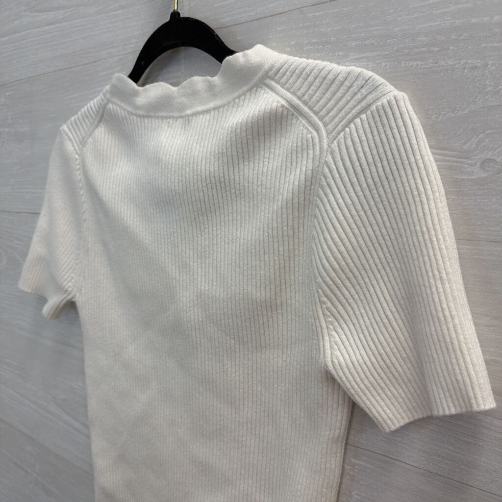 J Crew White Ribbed Scallop Edge Short Sleeve Button Front Top Medium
